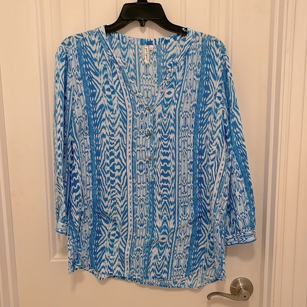 Soft Grand and Greene Tunic Womens Sz L Blue &‎ white 1/2 Button Top 3/4 Sleeve